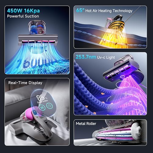 Image of uwant Mattress Vacuum Cleaner, 16Kpa 450W Bed Vacuum Cleaner with 253.7nm UV-C Light, 36000 RPM /Min Tapping, HEPA Filter, 149℉ Heat & Ultrasonic for Bed and Pet.