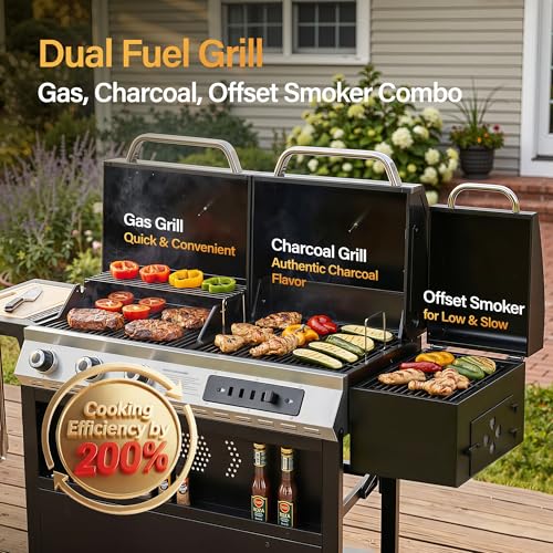 Image of Sophia & William 3-Burner Gas and Charcoal Grill Combo with Offset Smoker