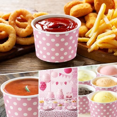 Image of Zopeal 50 Count Pink Polka Dot Ice Cream Cups Disposable Dessert Bowls
