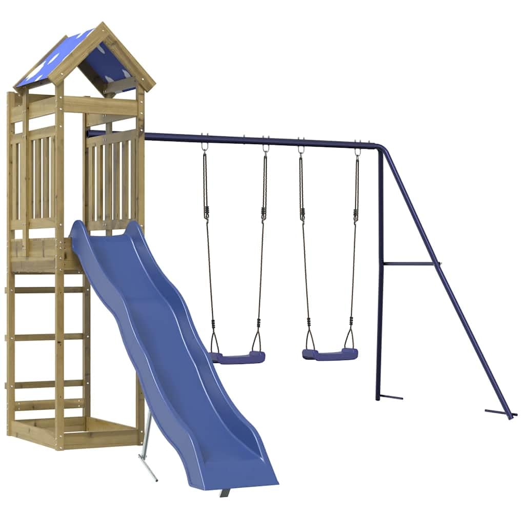 Spielturm aus imprägniertem Kiefernholz mit Wellenrutsche 118 cm, Zwei Schaukeln und Sandkästen – Spielplatz mit A-förmigem Gestell für den Garten