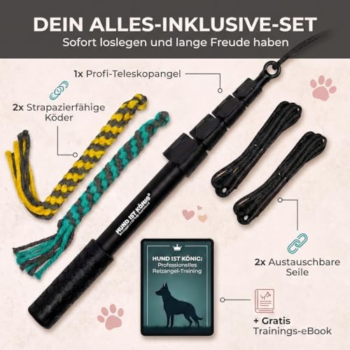HUND IST KÖNIG Reizangel für Hunde - Profi Hundeangel für ultimativen Spielspaß & körperliche Auslastung - inkl. 2 Tauen + Ersatzseil + eBook - robust & leicht, Reizangel-Hunde große & kleine