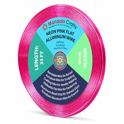 Image of Mandala Crafts 5mm Neon Pink Flat Aluminum Crafting Wire for Sculpting | 33 FT, Anodized, Colored, Tarnish Resistant, Bendable, Flexible, for Jewelry Making, Bezel, Bonsai, Armature, Outdoor