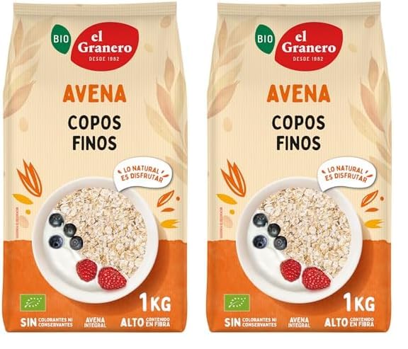 El Granero Integral - Copos Suaves Avena Integral Ecológica - 1 kg - Sin Azúcar Añadido - Aptos para Veganos - Alto Contenido en Fibra y Proteínas - Cereales de Desayuno (Paquete de 2)