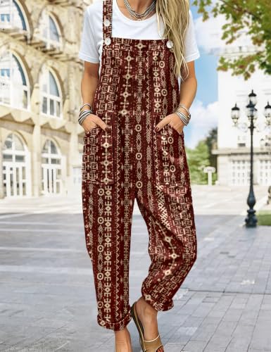 Image of YESNO Women's Overalls Cotton Boho Casual Floral Bib Jumpsuit Baggy Adjustable Strap Romper with Pockets PVV
