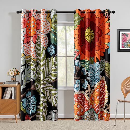 Image of MYSKY HOME Black Boho Floral Blackout Curtains 95 inch 2 Panels Set for Living Room Dining Room Thermal Insulated Room Darkening Energy Saving with Patterned Flower Design Grommet Drapes, 52 inch Wide
