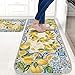 Lemon Kitchen Mat Yellow and Blue Mediterranean Kitchen Rug Summer Decor Tile Flower Pattern Kitchen Mats for Floor Non Skid Washable Set of 2, Decorative Kitchen Decor 17x29 and 17x47 Inch