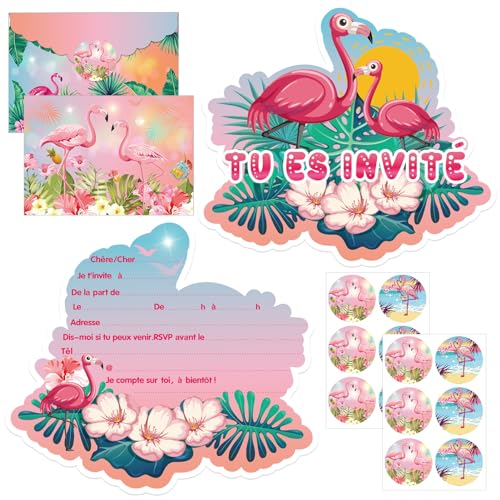 Carte Invitation Anniversaire fille,invitation anniversaire Flamant rose,12 Francais Carte Invitation+12 Enveloppes+12 Autocollants,Invitation pour...