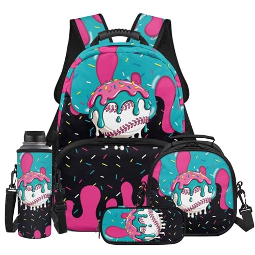 Dreaweet Ice Cream Baseball Backpack for School Boys 6-8 4-Piece Drip Design Bookbag with Lunch Bag Water Bottle Pouch & Pencil Case Youth Player Gifts Sports School Bag for Kindergarten Elementary