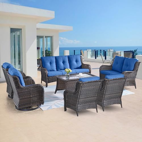 Belord Juego de muebles de mimbre para exteriores, 7 piezas de muebles de ratán para patio con sillas mecedoras giratorias, sofá al aire libre para porche, terraza, patio trasero, marrón/azul