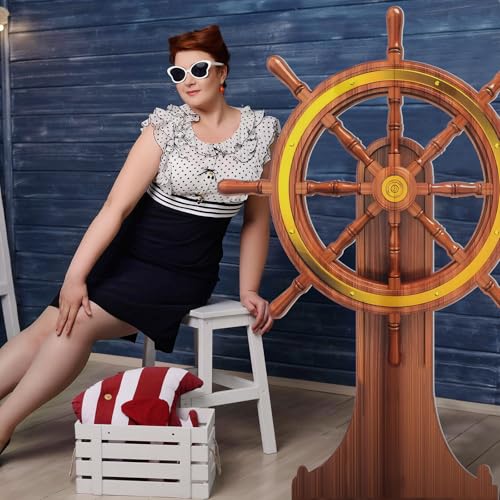 Image of DoubleFill 4 Feet Ship Wheel Cardboard Cutout Nautical Party Decorations Stand up Large Captain Wheel Photo Props Back Drops for Pirate Nautical Party Home Outdoor Decor