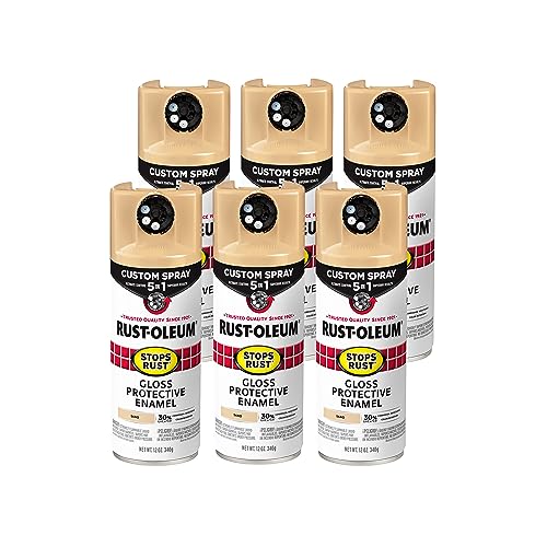 Image of Rust-Oleum Stops Rust Custom 5-in-1 Spray Paint, Gloss Sand | Rust Preventive Protective Enamel, Multi Surface (Metal, Wood and More), Adjustable Dial for Better Control, Fast Dry, 6 Pack