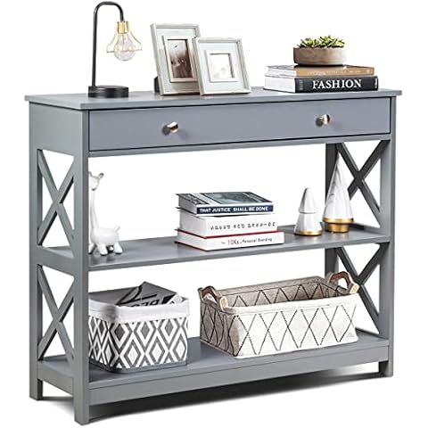 Mesa Consola con Cajón y Estantes COSTWAY 100x30x80cm (Gris) Cover