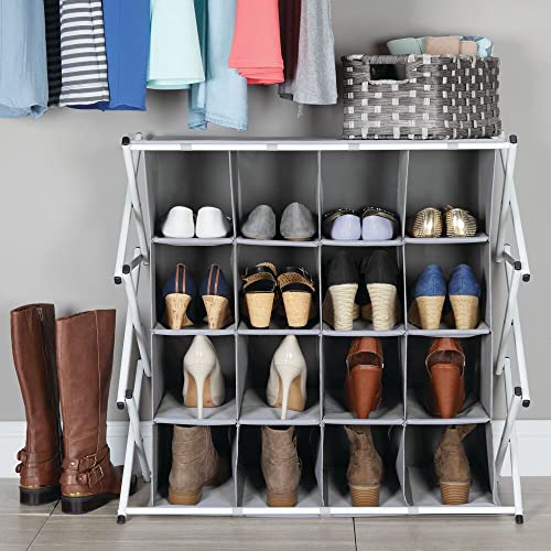 Image of mDesign Soft Fabric Shoe Rack Holder & Organizer - 16 Cube Storage Shelf for Closet, Entryway, Mudroom, Garage, Kids Playroom - Accordion Metal Frame, Collapsible - Closet Organization - Gray /White