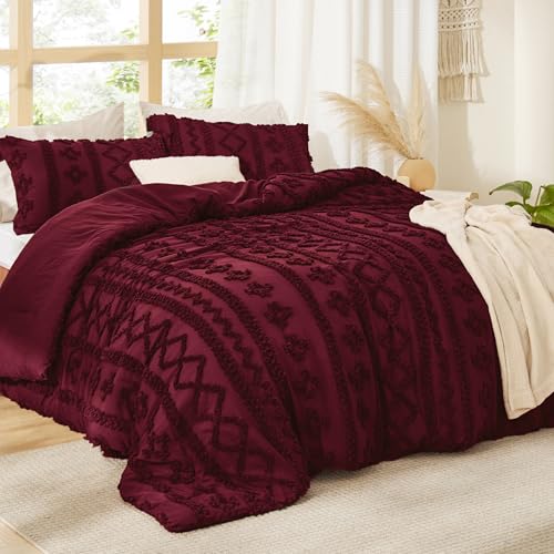 Bedsure Tufted Boho Comforter Set King Size - Dark Red Boho Bed Set, GentleSoft™ 3 Pieces Farmhouse Shabby Chic Embroidery Bedding, Gifts for Woman, Soft Jacquard King Comforter for All Seasons