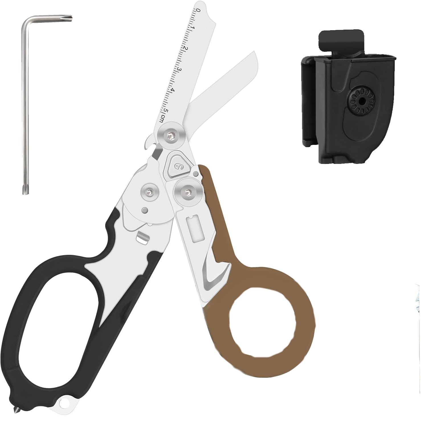Blyxon 6 In1 Multifunction Emergency Response Shears, Tactical Folding Trauma Shears, Outdoor Camping Rescue Scissors Tools with Utility Holster (Black Brown)