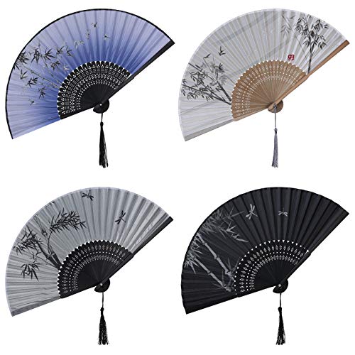 BABEYOND 4pcs Chinese Style Bamboo Folding Hand Fan Vintage Handheld Silk Folding Fan with Different Patterns Fringe Folding Fan for Wedding Dancing Party BABEYOND 4pcs Chinese Style Bamboo Folding Hand Fan Vintage Handheld Silk Folding Fan with Different Patterns Fringe Folding Fan for Wedding Dancing Party