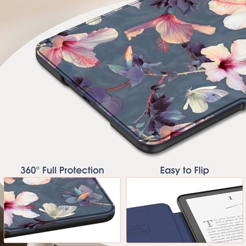 Image of Fintie Case for 7 inch All-New Kindle Paperwhite (12th Generation, 2024) and Kindle Colorsoft Signature Edition - Slim Lightweight Shell PU Leather Protective Cover with Auto Sleep /Wake,Blooming Hibiscus