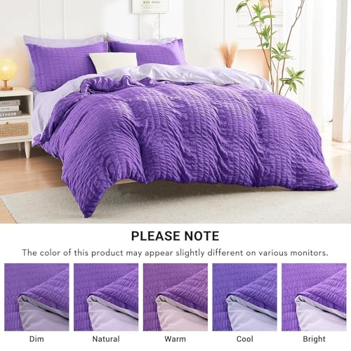 Image of HYMOKEGE Dark Purple /Lavender King Size Comforter Set Seersucker 7 Pieces, All Season Luxury Bed in a Bag for Bedroom, Bedding Set with Comforter, Sheets, Pillowcases & Shams
