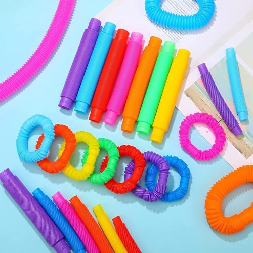 Image of Pop Tubes Fidget Toy, Sensory Tubes, Poppin Pipes for Kids, Stress Relief Stretch Bend Build and Connect Toy, Fidget Toys for Sensory Learning, Colorful Pop Tubes (Pack of 6)