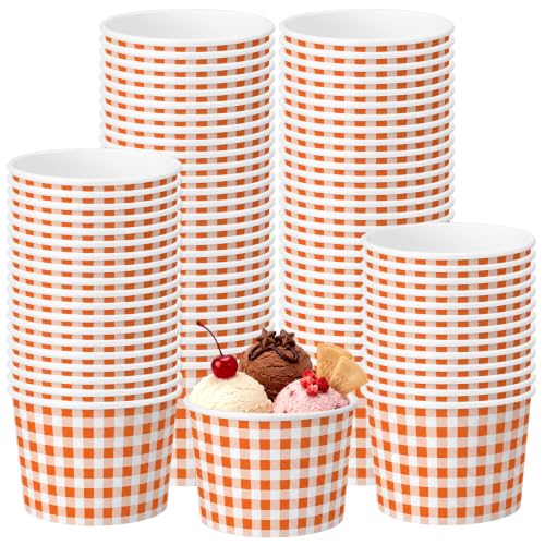 Funnymoom 50 Pack 9 oz Orange Gingham Ice Cream Cups Fall Checkered Bowls