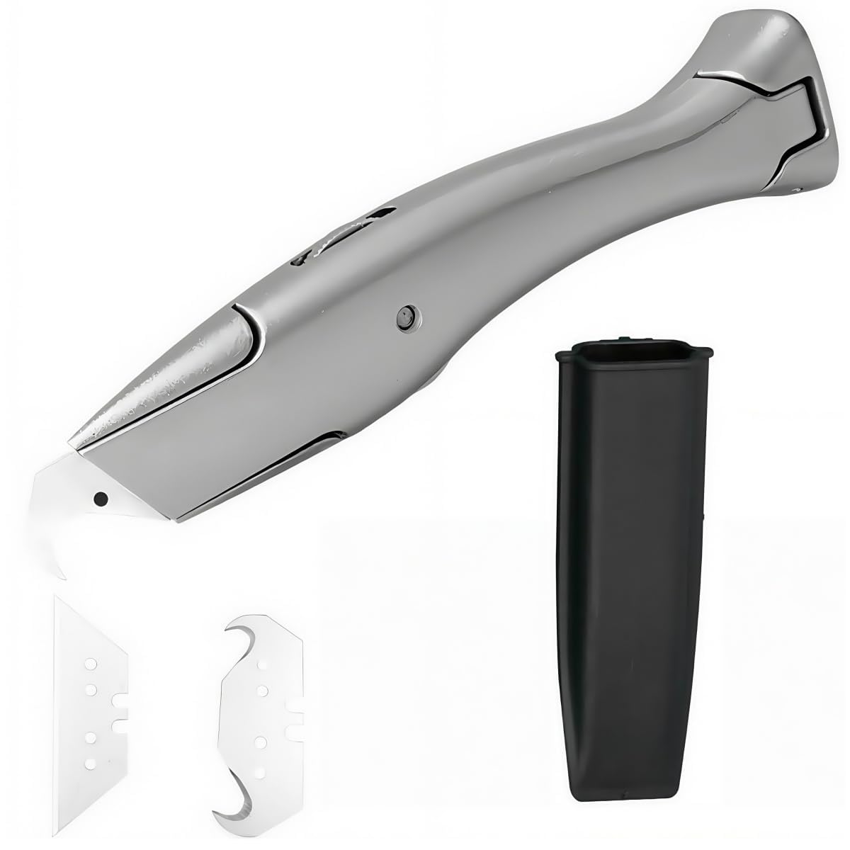 4 Pieces Professional Non-Slip Aluminium Carpet Cutter with Case, Includes Hook and Trapezoid Blades, Safety & Precision Cutter for Carpet, PVC, Cardboard, Silver
