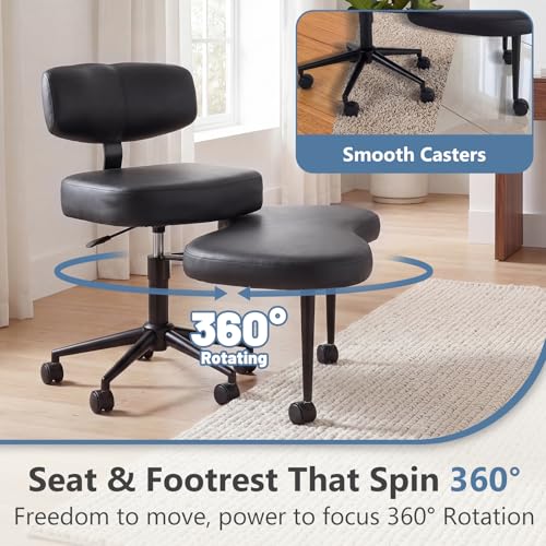 Image of DUMOS Ergonomic ADHD Cross Legged Office Desk Chair with Adjustable Backrest, Height Adjustable Meditation Chair with 360 Swivel Footstool, PU Leather Yoga Stool for Home Office, PU Black