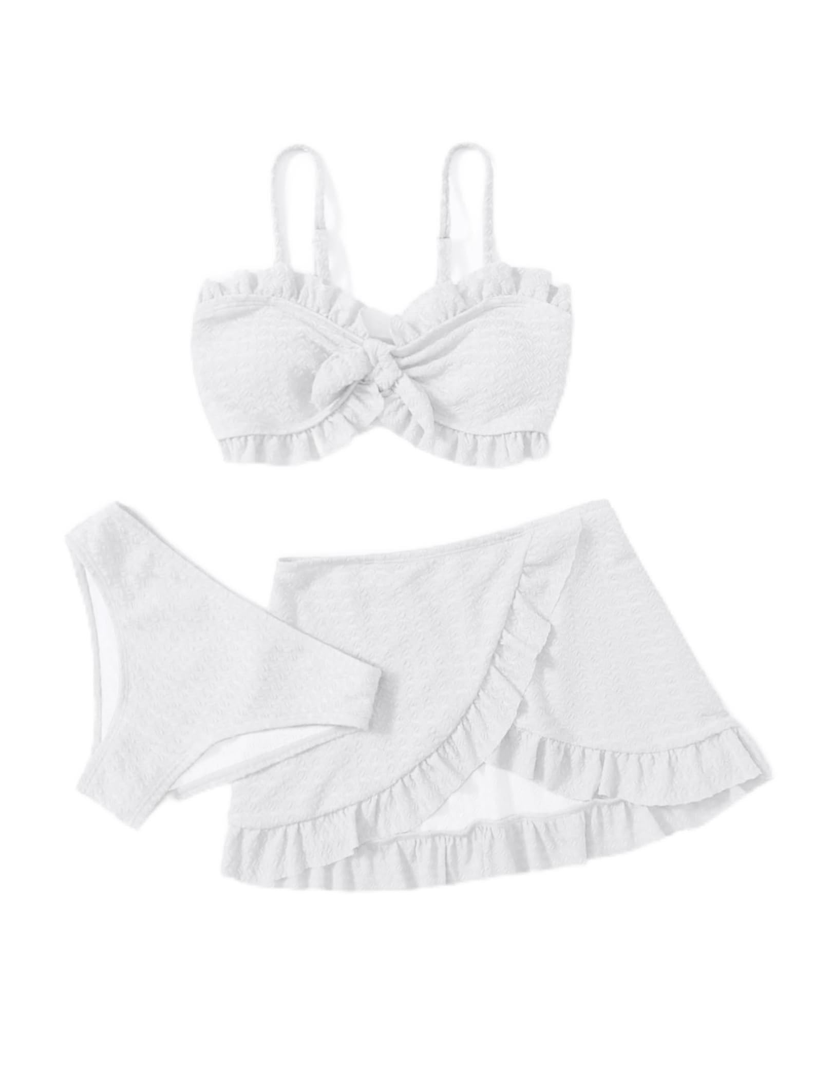 Arshiner Mädchen 3-teilige Krawatte Front Ruffle Trim Bikini Set Sommer Strand Bademode Top+Rocks +Slips Badebekleidung Kinder Badeanzüge mit Rock Bademode Schwimmanzug für Mädchen 4-13 Jahre