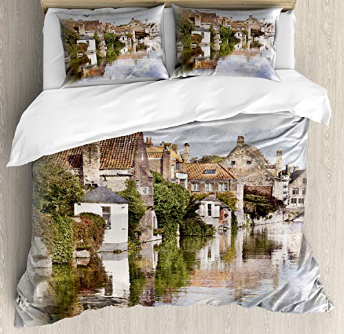ABAKUHAUS Abstrait Ensemble de Housse de Couette, Bruges Vue sur Le Canal, Décor de Chambre 3 Pièces avec 2 Taie d'oreiller, 220 x 220 cm - 75 x 50 cm, Multicolore