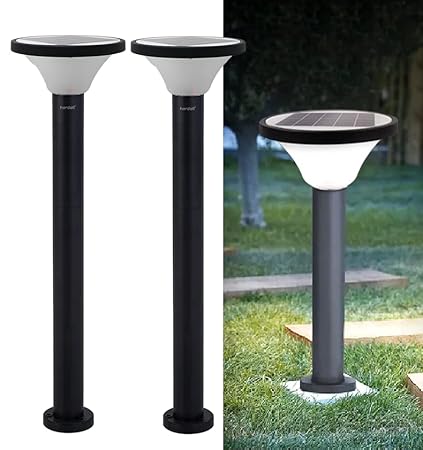 hardoll 15W Solar Pillar Lights for Outdoor Home Garden Waterproof Wall Gate Post Lamp with Pole(Round Shape-Pack of 2)