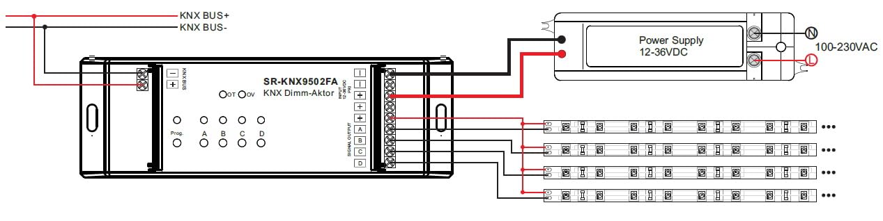 Din-Rain KNX-BUS Controller SR-KNX9511FA Dimmer 12-36V DC 4CH 5A