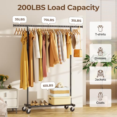 Clothes Rack for Hanging Clothes: Clothing Coat Garment Rolling Racks with Wheels Shelf Portable Closet Storage Organizer Wardrobe Strudy Metal Freestanding Laundry Room Bedroom Dress Shirt Jacket