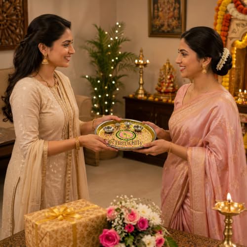 Image of Trendifly Meenakari Stainless Steel Pooja Thali Set With Diya Agarbati Kumkum Chandan Holder Katori | Puja Aarti Thali Set For Home Mandir Temple | Home Ceremony Pooja Wedding Baby Shower Return Gifts
