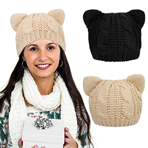 2 Pieces Cat Ear Beanie Hats, Cute Cat Knitted Hat Winter Knit Cable Caps Headgear Crochet Hats for Women Girls (Beige+Black)