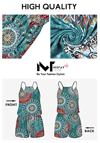Image of MISFAY Womens Summer Loose V Neck Spaghetti Strap Short Jumpsuit Rompers (2XL, Print Green)