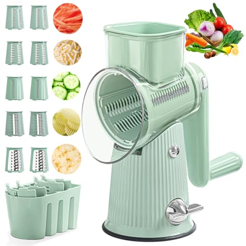 Rotary Cheese Grater, 5 in 1 Cheese Grater with Handle, Replaceable Stainless Blades Cheese Shredder, Cheese Vegetable Slicer, Easy to Clean Kitchen Gadgets with Storage Box