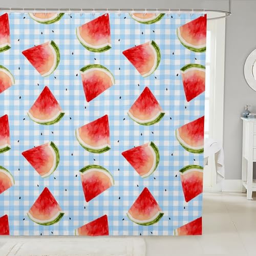 feelingyou Cortina de ducha con estampado de sandía con ganchos, cortinas de baño de frutas tropicales para decoración de habitación, cortinas de baño a cuadros azules y blancos, panel impermeable, 72