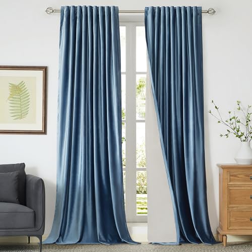 Image of PRIMROSE 100% Full Blackout Velvet Curtains 96 inch Long for Living Room,Set of 2 Stone Grayish Blue Liner Rod Pocket Back Tab Thermal Window Curtains Room Darkening Curtains Drapes for Bedroom