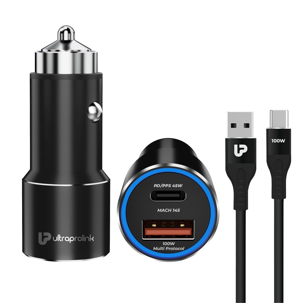 UltraProlink 145W Fast Car Charger | Dash, Warp, SuperVooC, PD Charger | 45W PPS PD Type C and 100W Type A Port |Compatible for iPhone, Oneplus, Samsung, Oppo, Nothing & Pixel | Mach 145 | UM1160