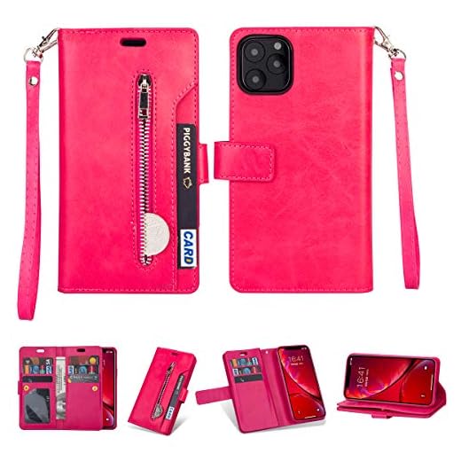 FOLICE iPhone 11 Pro Zipper Wallet Case, [Magnetic Closure] 9 Card Slots, PU Leather Kickstand Wallet Cover Durable Flip Case for Apple iPhone 11 Pro 5.8inch 2019 (Rosered)