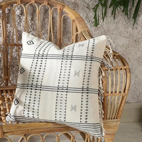 Labhanshi Lumbar Pillow Decorative 20x20 Inch White Bbhujodi Cotton Sofa Couch Bed Throw Pillow Fall Boho Outdoor Farm House Handwoven Decorative Pillow Cushion Cover Fringed Artisanal Home Decor Cover