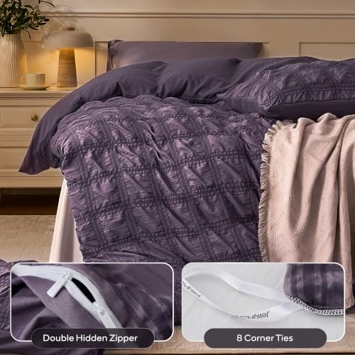 Image of JELLYMONI Seersucker Duvet Cover Set Queen, 3pcs Purple-Grid Polyester | In Master Bedroom, Couples Pick, Crinkled Texture, Oeko-Tex Certified, 8 Corner Ties & Hidden Zipper