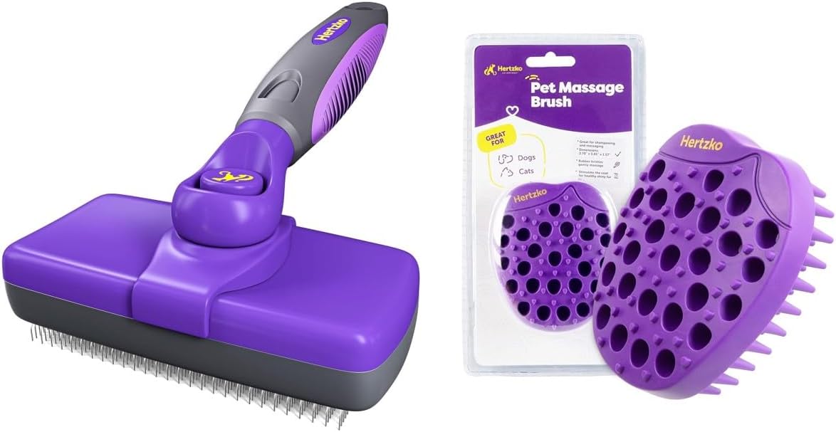 Hertzko Self Cleaning Slicker Brush and Bath & Massage Long Tapered Bristled