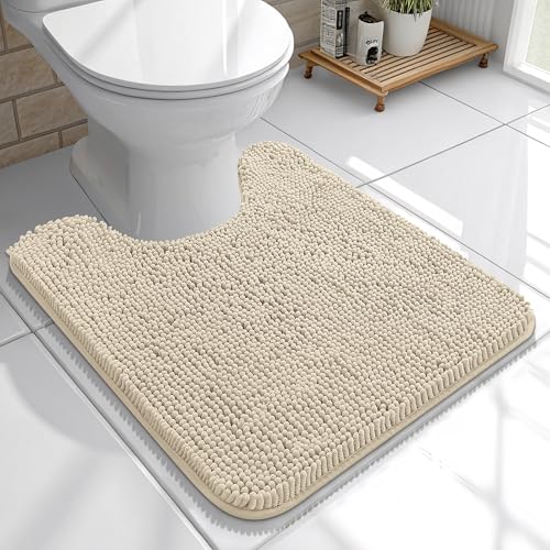 Image of OLANLY Toilet Rugs U-Shaped 20x20, Extra Soft Absorbent Chenille Contour Bathroom Rugs for Toilet, Dry Quickly, Machine Washable, Non-Slip Bath Mat, Sand