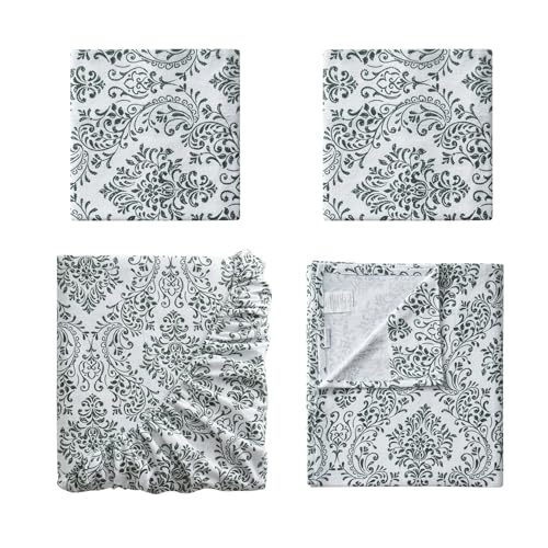 Image of Tahari Home Queen Size 4-Piece Bedding Set - 2 Sheets & 2 Matching Pillowcases | Fitted & Flat Sheets | Cozy & Warm Brushed Flannel | Soft & Breathable | Durable & Wrinkle Resistant | Damask Green
