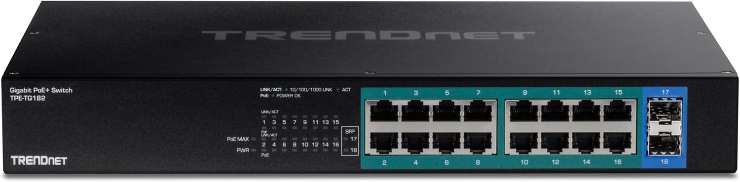 TRENDnet, TPE-TG182, Commutateur PoE+ Gigabit 18 Ports, 16 Ports PoE+ 30 W, 2 emplacements SFP Gigabit, Budget PoE 240 W, capacité de Commutation 36 Gbit/s, montable en Rack 1U 19", Noir
