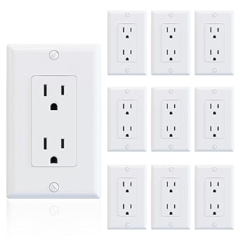 ELEGRP Decorator Receptacle, 15A 125V Standard Electrical Wall Outlet, 2 Pole 3 Wire, Non-Tamper Resistant, NEMA 5-15R, Self-Grounding Residential Grade, w/Wall Plate, UL (Glossy White, 10 Pack)