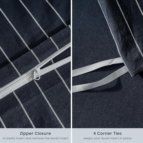 Image of Wake In Cloud - Striped Cotton Duvet Cover Set, Ticking Stripe Vertical Pinstripe Farmhouse, 100% Washed Cotton Textured Bedding Set, 3 Pieces, Navy Blue, Twin /Twin XL Size