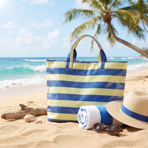 Image of Striped PVC Tote Bag for Women, Waterproof Plastic Hobo Handbag Summer Tote for Beach, Pool & Ideal Gift