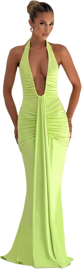 JUMISEE Womens Sexy Halter Twist Knot Maxi Dress Draped Ribbon Ruched Cocktail Dress Sheer Mesh Bodycon Formal Dresses