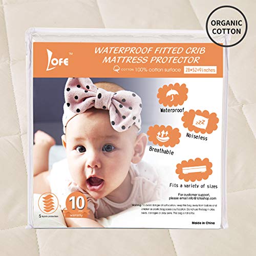 Lofe Organic Cotton Fitted Crib Mattress Protector Waterproof - Infant Breathable Crib Mattress